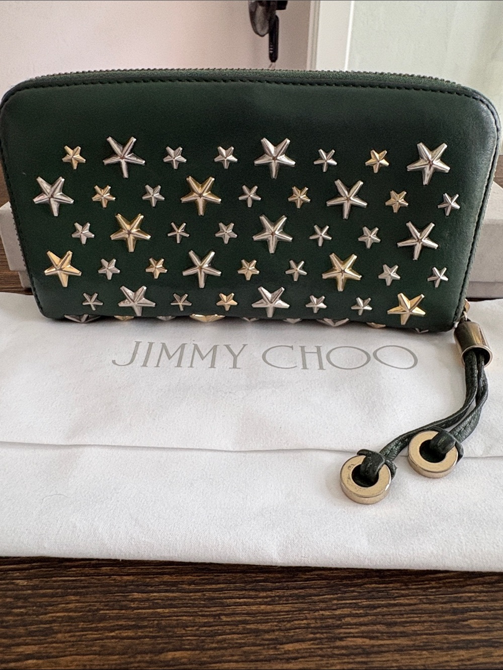 Jimmy Choo Rare Forest Green Star-Stud Leather Zip Wallet